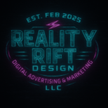 eality Rift Design LLC embroidered cyberpunk-style logo with neon teal and magenta stitching, featuring the tagline "Digital Advertising & Marketing" and "Est. Feb 2025" in a futuristic tech font.